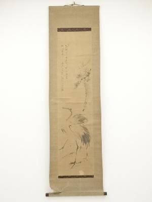 静軒筆　松鶴　肉筆紙本掛軸（保護箱）